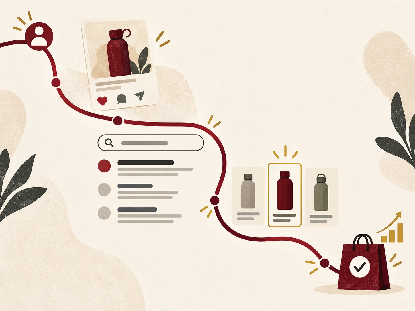 A customer's path from a social media post to a search result to a shortlisted product to a completed purchase, shown as one connected journey