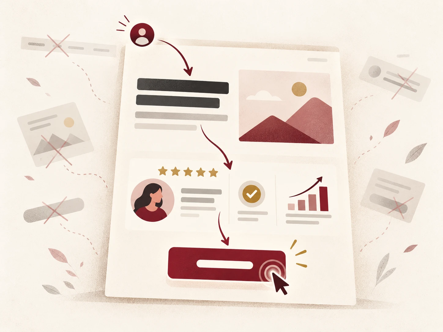 A landing page being built: rejected cluttered layouts, a clear hero section, trust signals like reviews and a results chart, leading to one highlighted call-to-action button