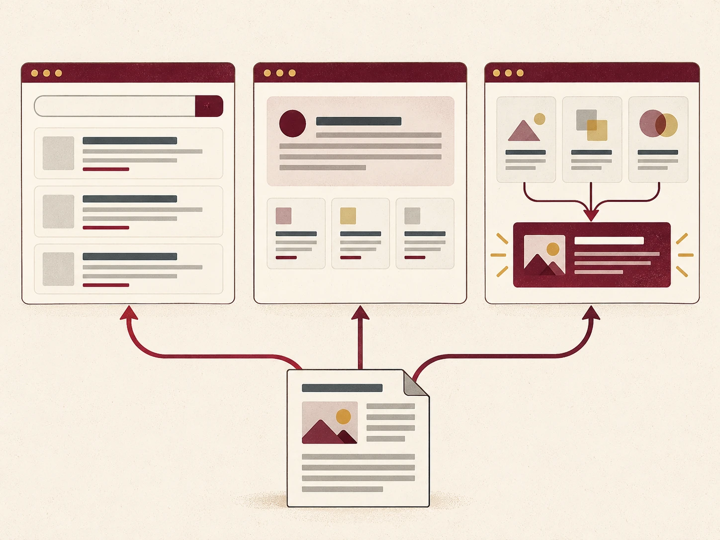 One piece of content branching out into three different search and AI engine results